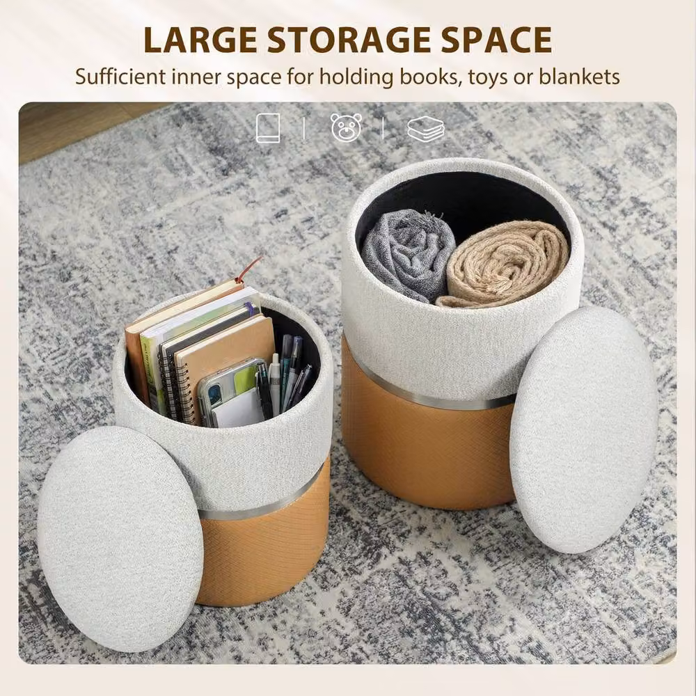 KORVIXA Set of 2 Round Storage Ottomans in Brown and Multicolour, W/D: 100 x 100 cm – 3