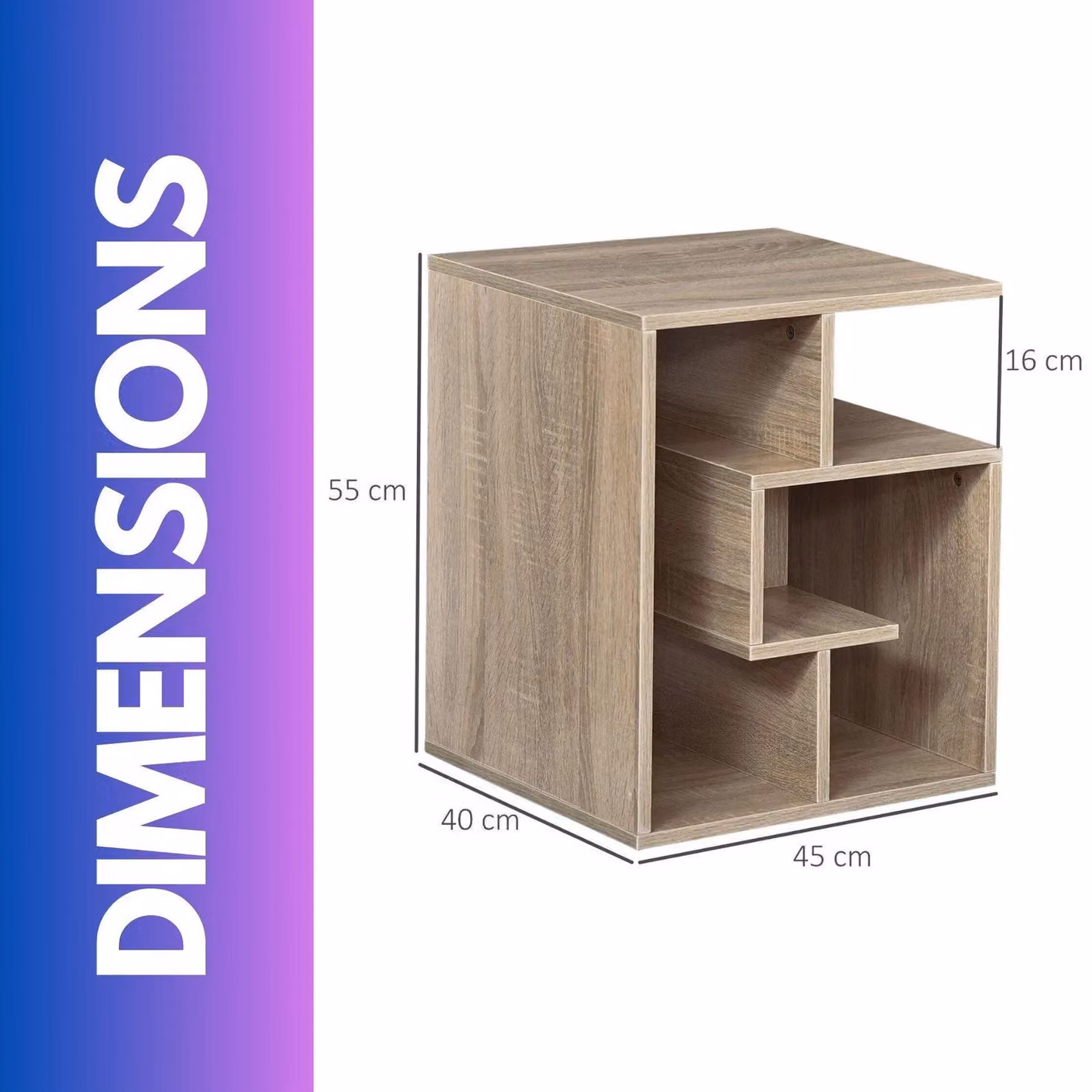 FURNOS 3 Tier Side Table with Open Shelves in Brown, W/D/H: 40 x 40 x 55 cm – 3