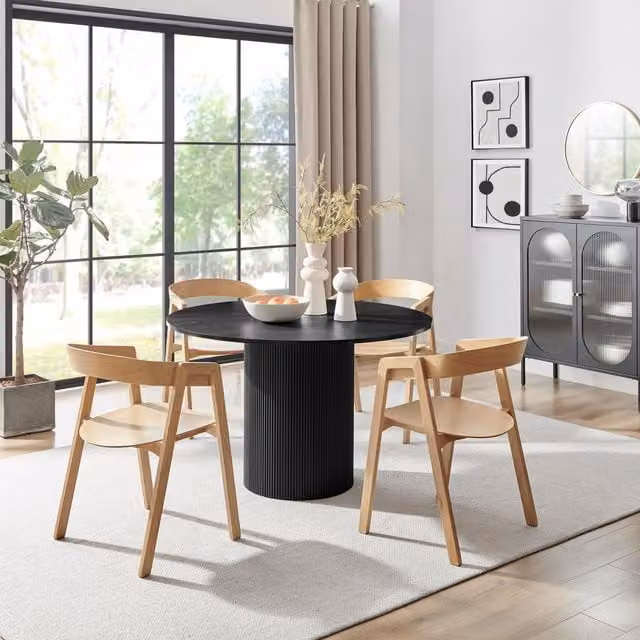Furniturebox UK Penrose Black Round Dining Table with 4 Oak Masa Chairs