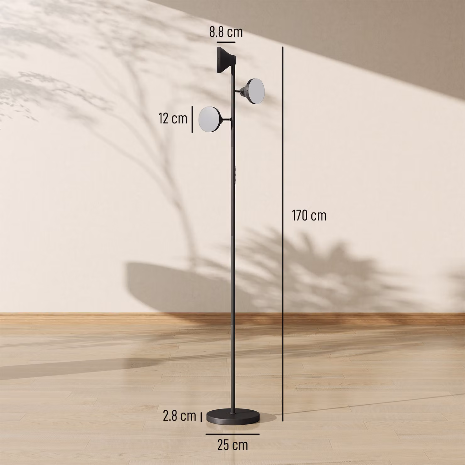 HOMCOM Three-Lamp Multi-Adjustable Floor Light in Black with Remote Control, Dimmable RGBW Lighting and Timer – 3