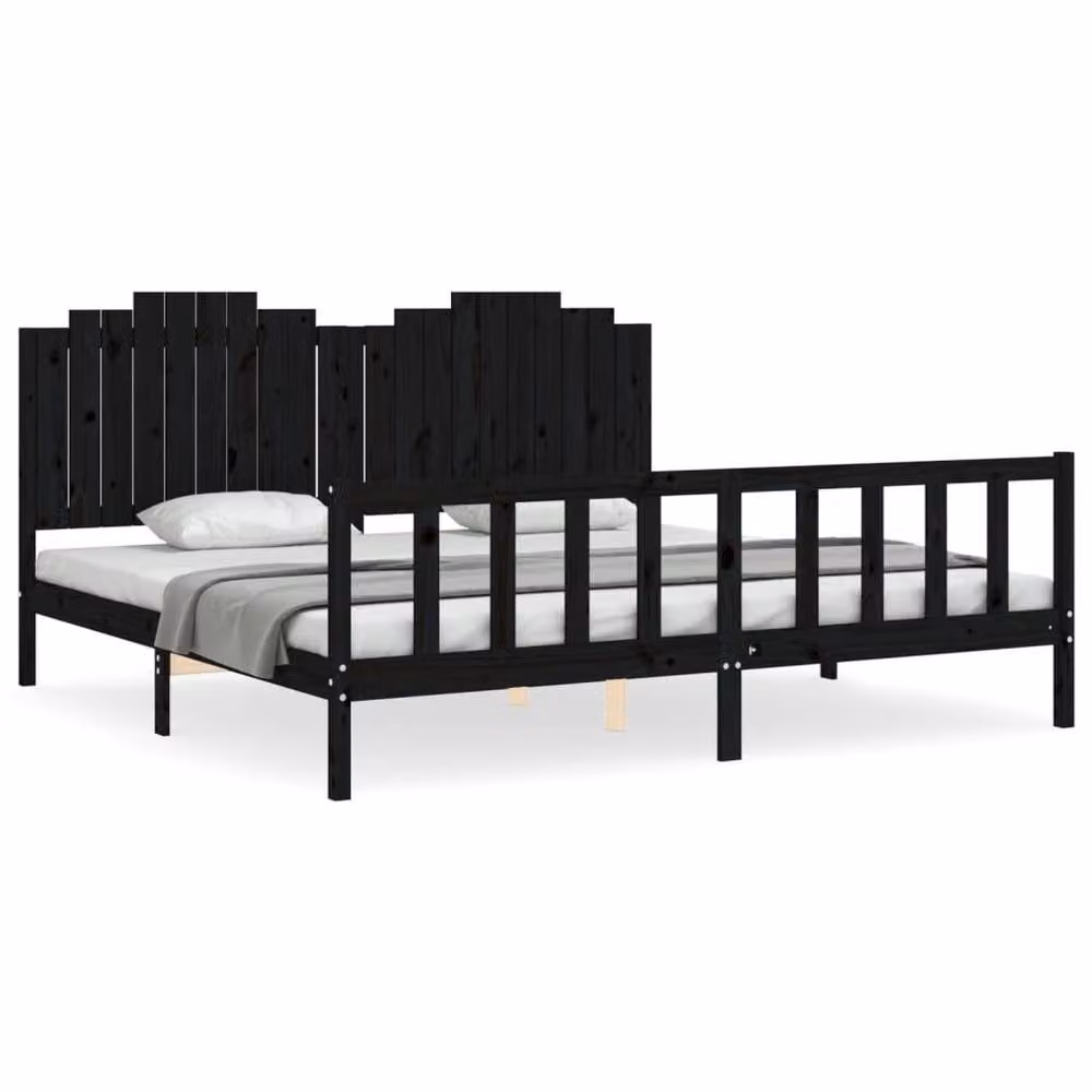 Berkfield Home Beautiful Solid Wood Bed Frame with Headboard in Black, W/D/H: 200 x 200 x 205.5 cm – 2