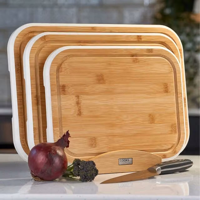 Cooks Professional 3 Piece Rectangular Bamboo Chopping Board Set with Stand in White and Brown
