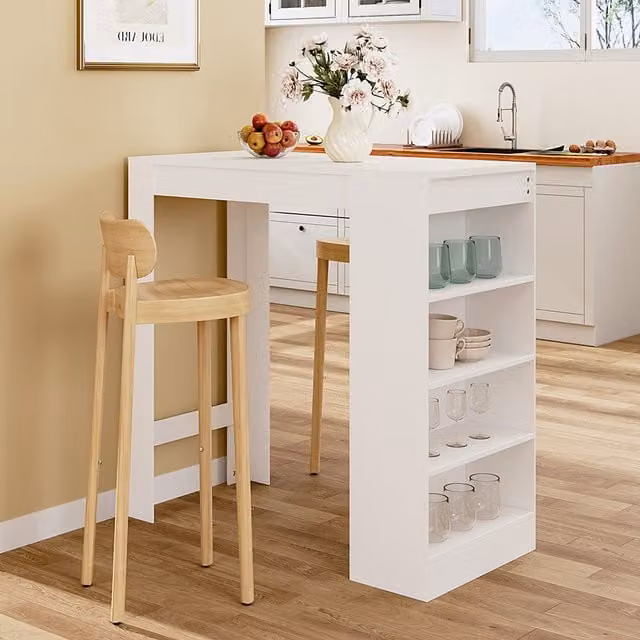Komore Modern Rectangular Bar Table with Shelves in White