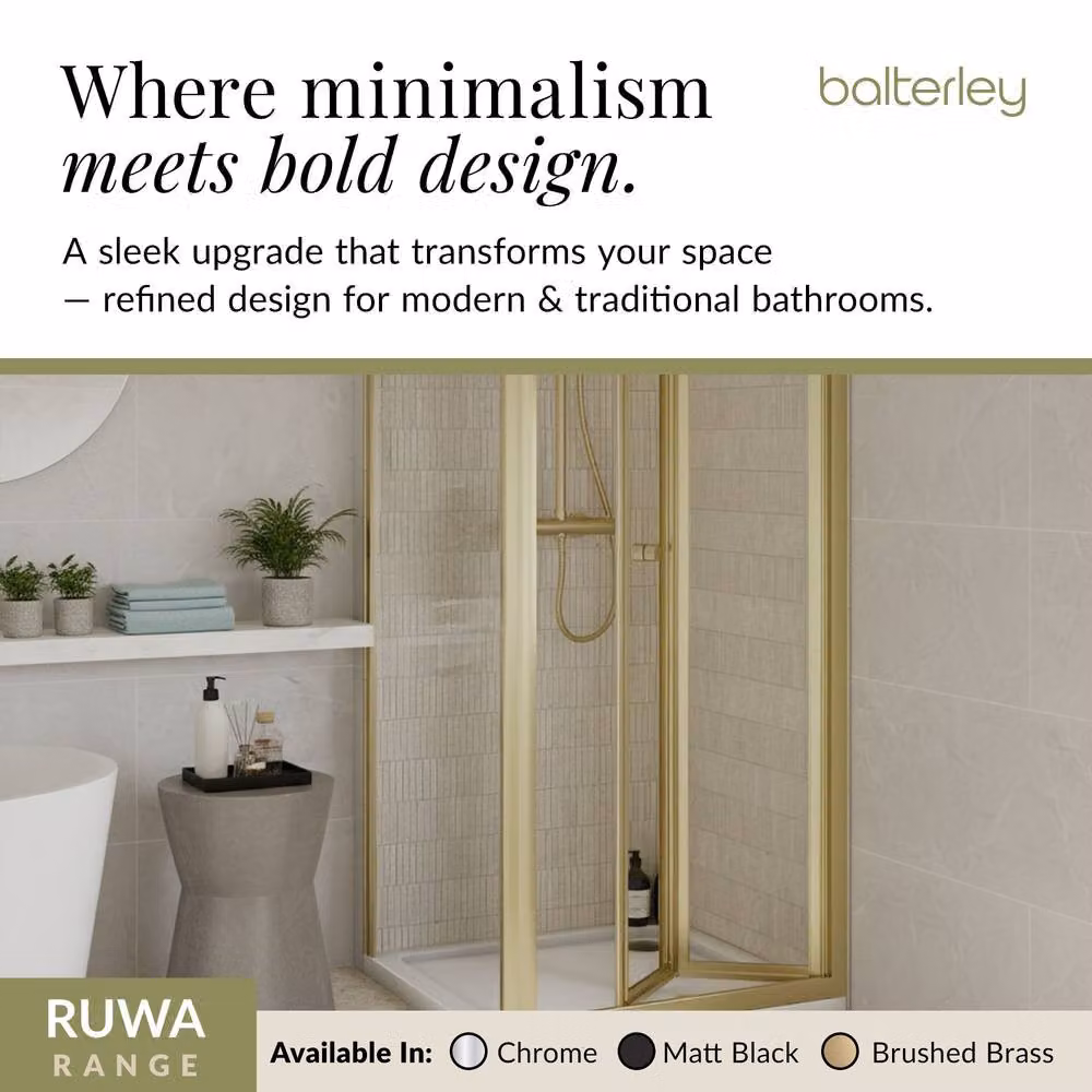 Balterley Ruwa Square Bi-Fold Shower Enclosure with Tray and Side Panel, Gold, W/D: 800 x 800 mm – 3