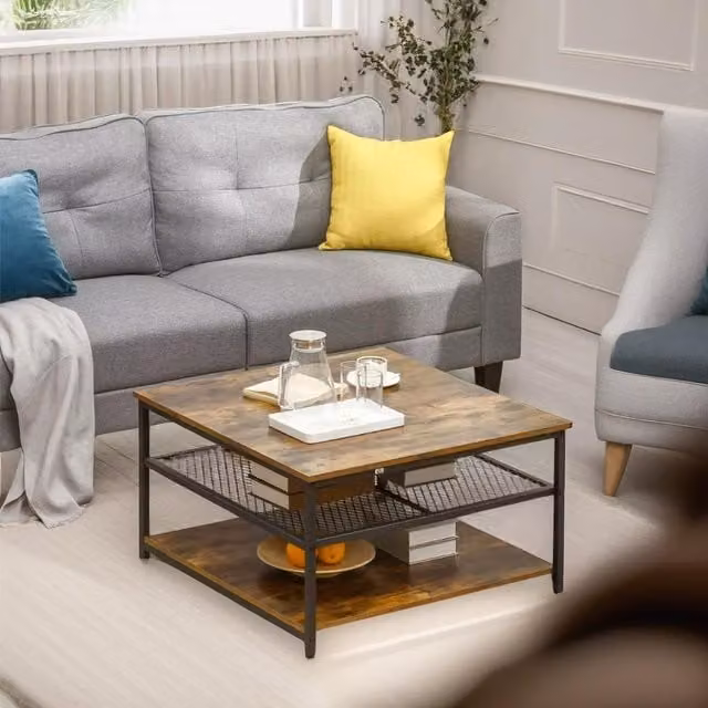 Rafaelo Mobilia Industrial 3 Tier Rustic Coffee Table in Brown and Black, W/D/H: 80 x 45 x 30 cm