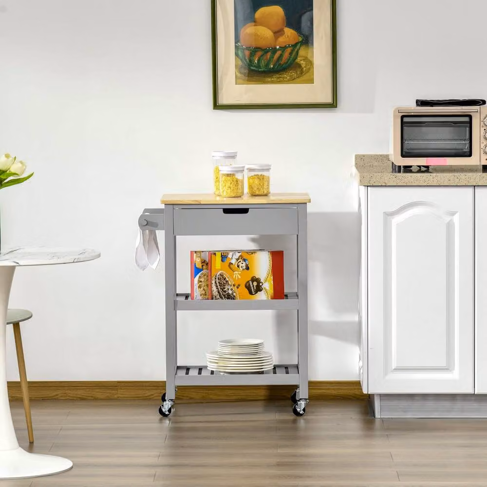 Wyld Haus Vena Grey Kitchen Trolley with Natural Rubberwood Worktop, Drawers and Shelves – 5