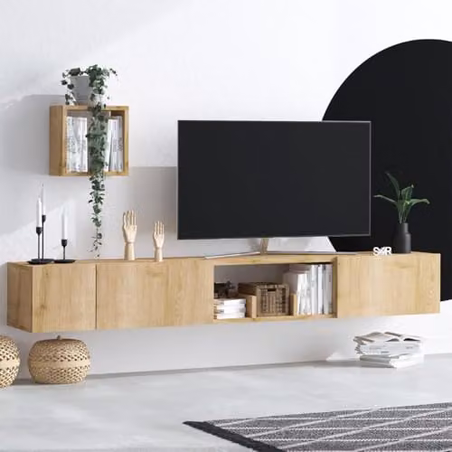Calicosy Avior wall-mounted TV unit with 3 doors, 1 niche and internal shelves, brown sapphire oak finish, Width: 180 cm – 2