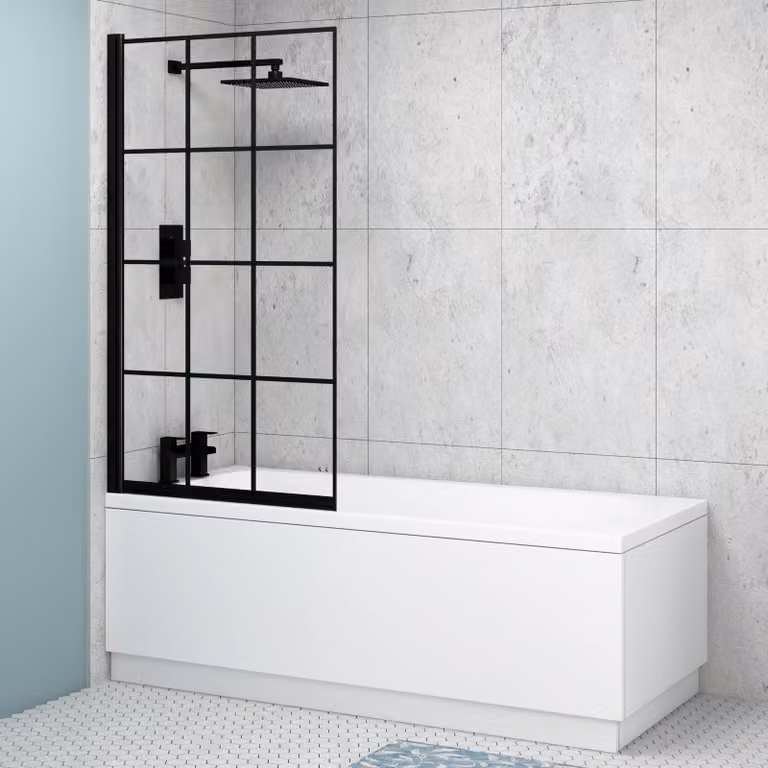 Cesar Rectangular Free Standing Acrylic Bath with Black and Transparent Side Bath Screen in White