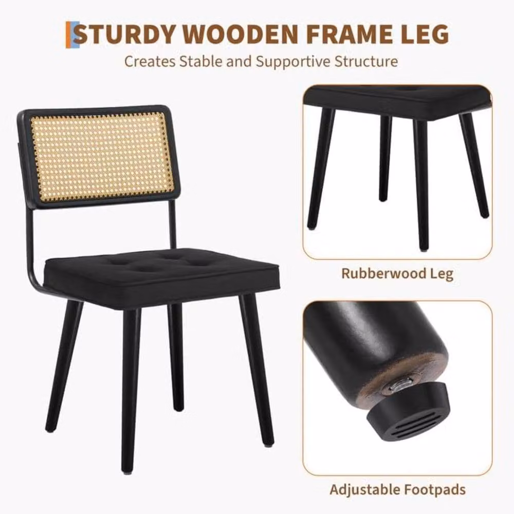 VOGREX Modern Velvet Armless Accent Dining Chairs with Wooden Rattan in Black and Multicolour – 4