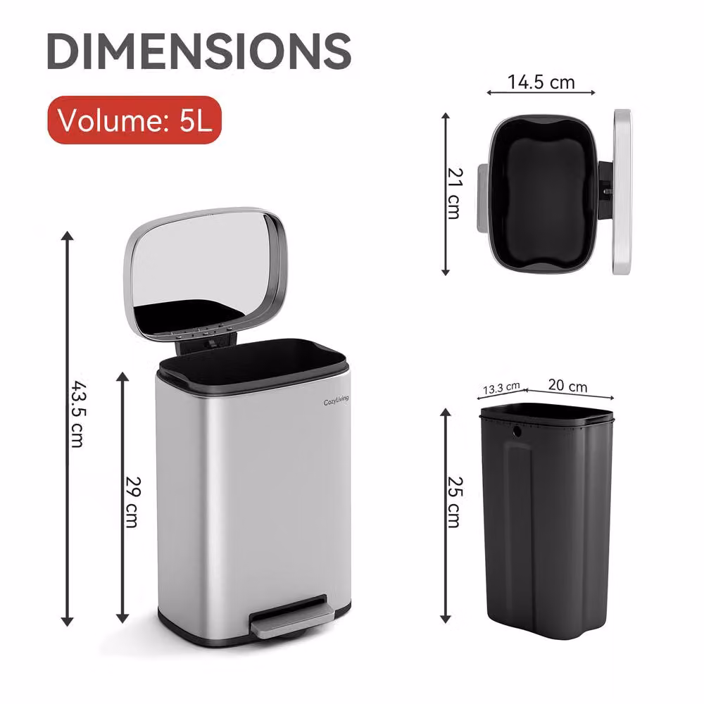 MCC Direct 5L Stainless Steel Pedal Bin with Soft Close Lid and Removable Inner Bucket in Silver – 4