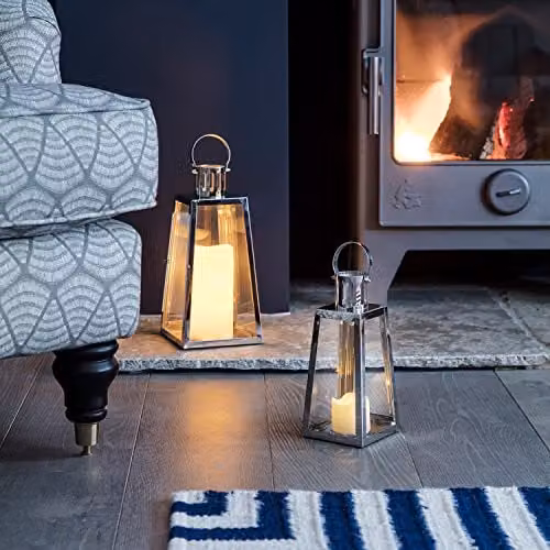 Lights4fun Trapeze Silver Stainless Steel Decorative LED Battery Operated Candle Lantern with Timer, Height: 21 cm – 4