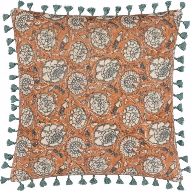 Paoletti 1973 Salisa Floral Cotton Velvet Cushion in Orange