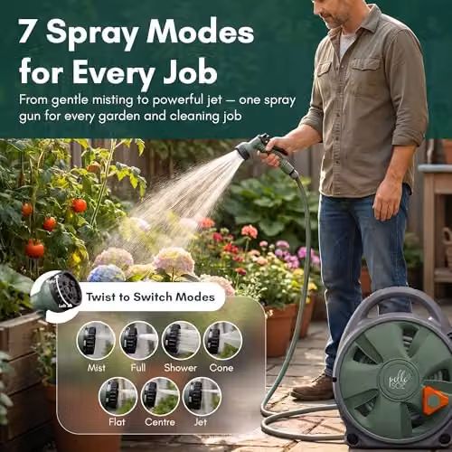 Pelle & Sol Green Wall Mounted Garden Hose Reel with 10m Kink Resistant Hose and 7 Mode Spray Gun – 5
