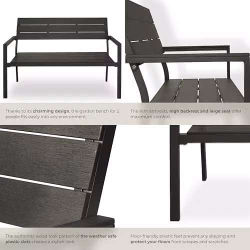 tectake 2-Seater Garden Bench with Metal and Wood Construction in Grey, W/D/H: 128 x 59 x 88 cm – 7