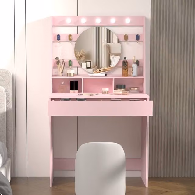 KEEPREAPER Modern Pink Dressing Table with Hollywood LED Lights and Lift Mechanism – 1