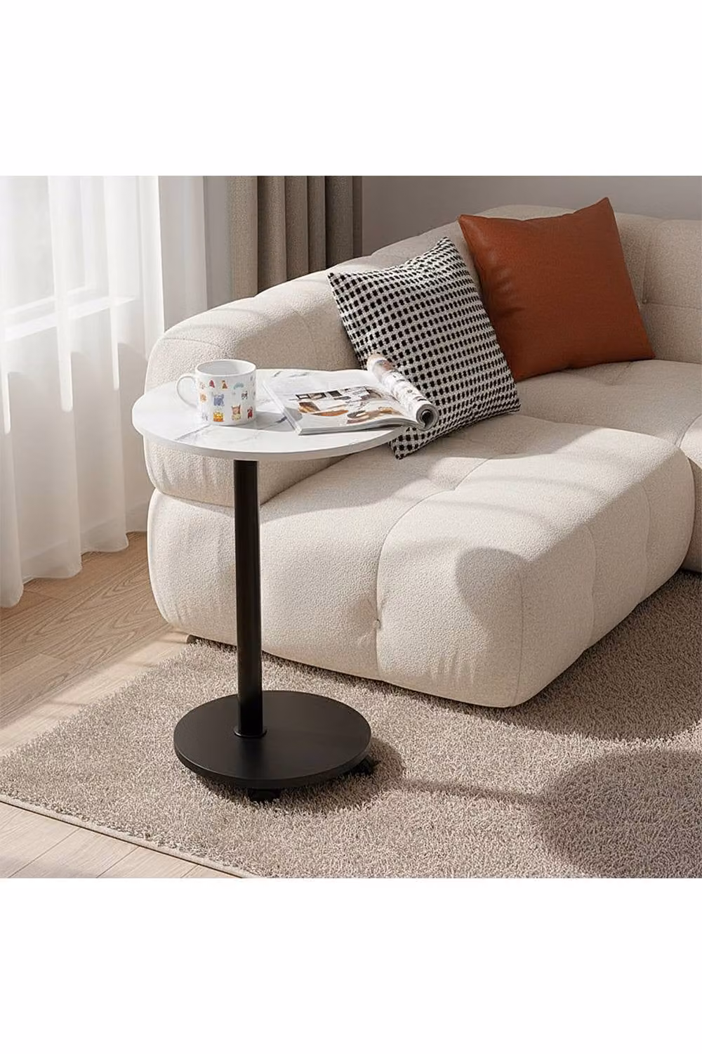 Living and Home Modern Round Side Table with Lockable Castors in White – 3