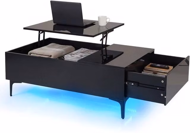 KORVIXA Modern Rectangular Lift Top Coffee Table with Hidden Compartment in Black