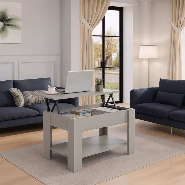 Home Treats Grey Wooden Lifting Coffee Table with Space Saving Storage Shelf