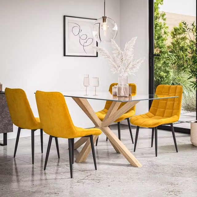 More4Homes Etta Glass Dining Table and Nova Velvet Dining Chair Set of 6 in Yellow and Oak