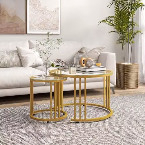 HOMCOM Set of 2 Round Nest of Tables with Tempered Glass Tops and Metal Frame in Gold – 2