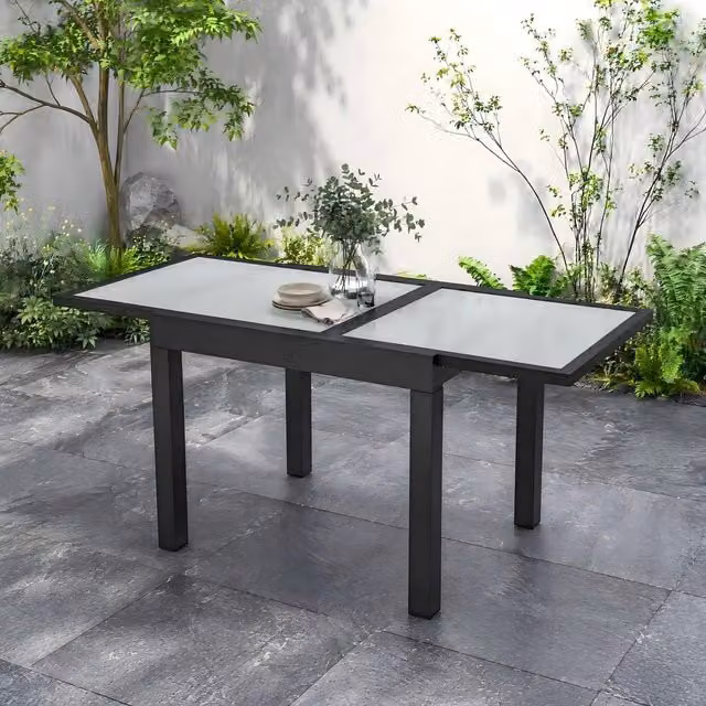 STILVORA Extendable Outdoor Dining Table with Aluminium Frame and Glass Top, Grey, W/D/H: 160 x 80 x 75 cm – 1