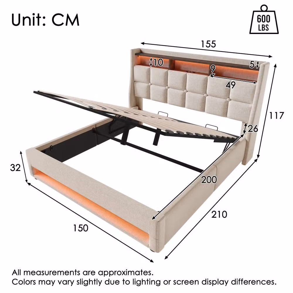 ModernLuxe Upholstered King Ottoman Bed in Beige with LED Lighting, USB Charging Port and Storage Headboard, W/D/H: 150 x 200 x 117 cm – 2