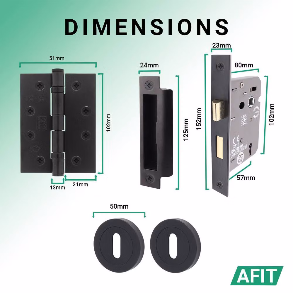 AFIT Matt Black Fire Door Handle Key Lock Set with Hinges and Screws, 150 x 150 mm – 4