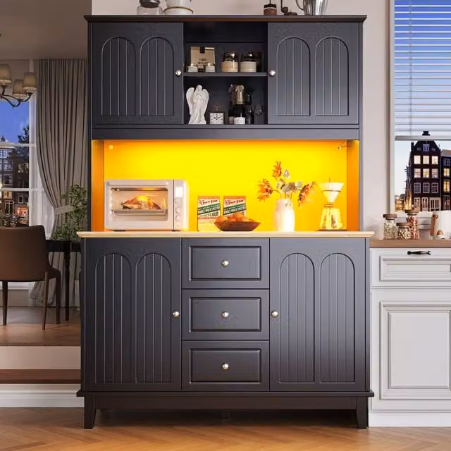 BTM Tall Kitchen Cabinet in Black with LED Lighting, Internal Drawers and Snack Storage, W/D/H: 40 x 57.69 x 179 cm – 1