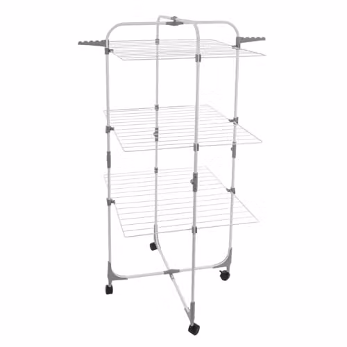 JVL Foldable 3 Tier Drying Rack with Hooks, White, W/D/H: 135.0 x 68.5 x 28.0 cm – 1