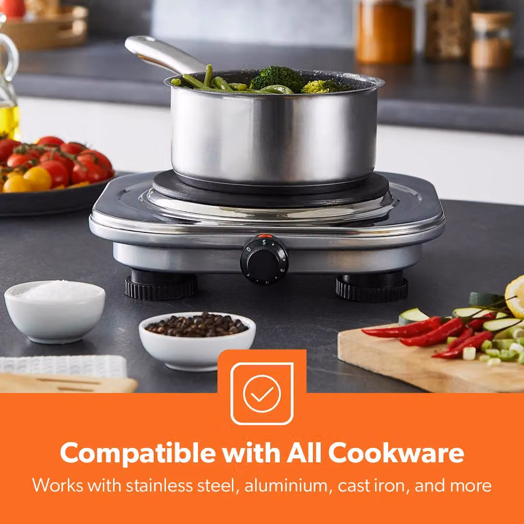 Geepas 1500W Single Hot Plate Electric Cooker with Cast Iron Radiant Hob in Metallic Silver – 4