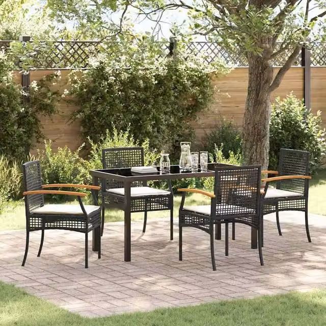 Berkfield Home 5-Piece Black Rattan Garden Dining Set with Cushions