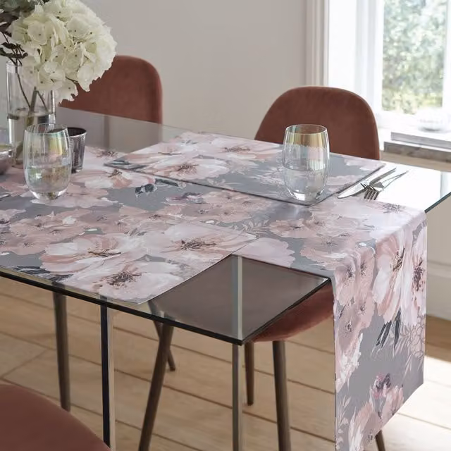 Catherine Lansfield Dramatic Floral Cotton Table Runner, Grey, W: 33 cm x L: 220 cm