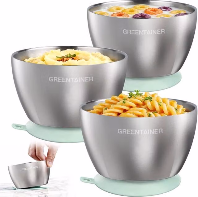 Greentainer 3-Piece Unbreakable Double-Wall Insulated Baby Bowl Set in Green – 1