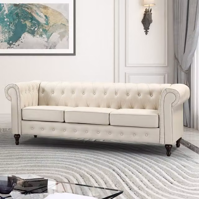 Artemis Home Richland 3 Seat Chesterfield Sofa in Beige Synthetic Leather – 1