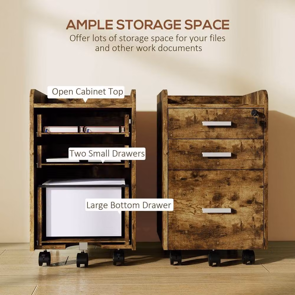 KORVIXA Rustic Brown 3 Drawer Mobile Filing Cabinet with Lock and Castors, Height: 100 cm – 4