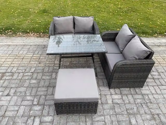 Fimous 4 Piece Wicker Rattan Outdoor Garden Furniture Set with Rectangular Dining Table in Dark Grey