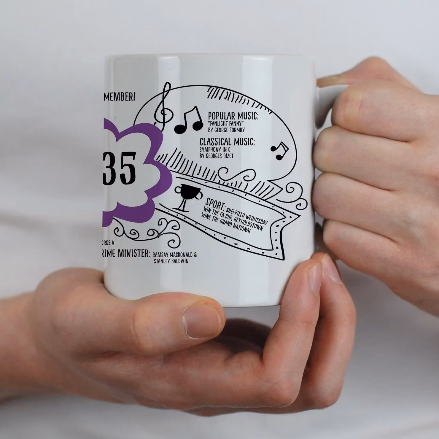 Afewhometruths Purple and White 90th Birthday Mug for Adults Featuring Fun Facts Born in 1935 – 1