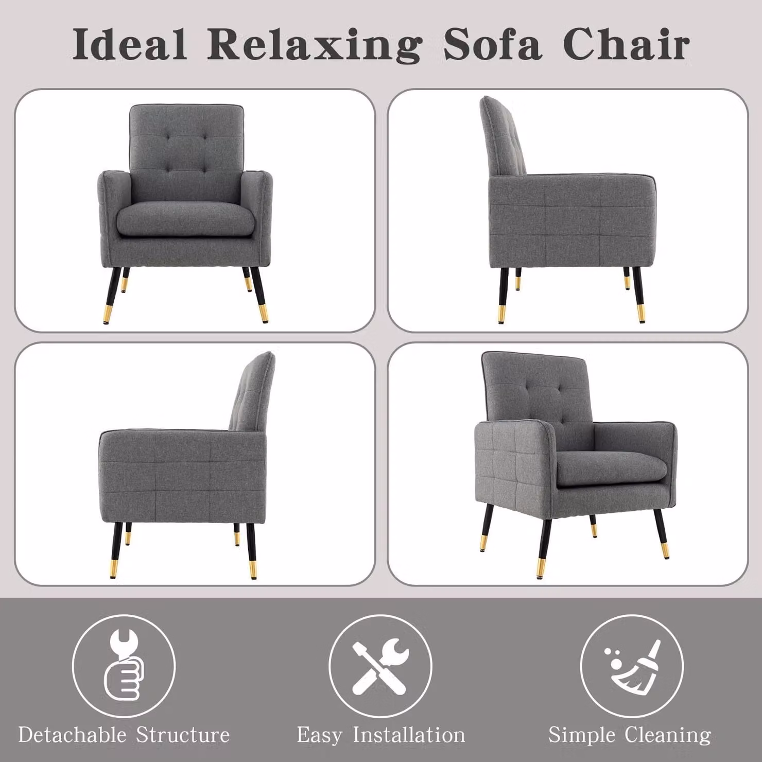 Costway Modern Upholstered Accent Armchair in Grey with Metal Frame – 3