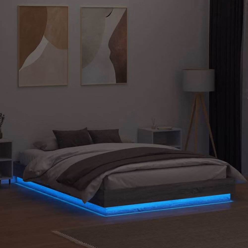 Berkfield Home Small Double Bed Frame in Grey Sonoma with LED Under-Bed Lighting and USB Charging Port, W/D/H: 120 x 200 cm – 3