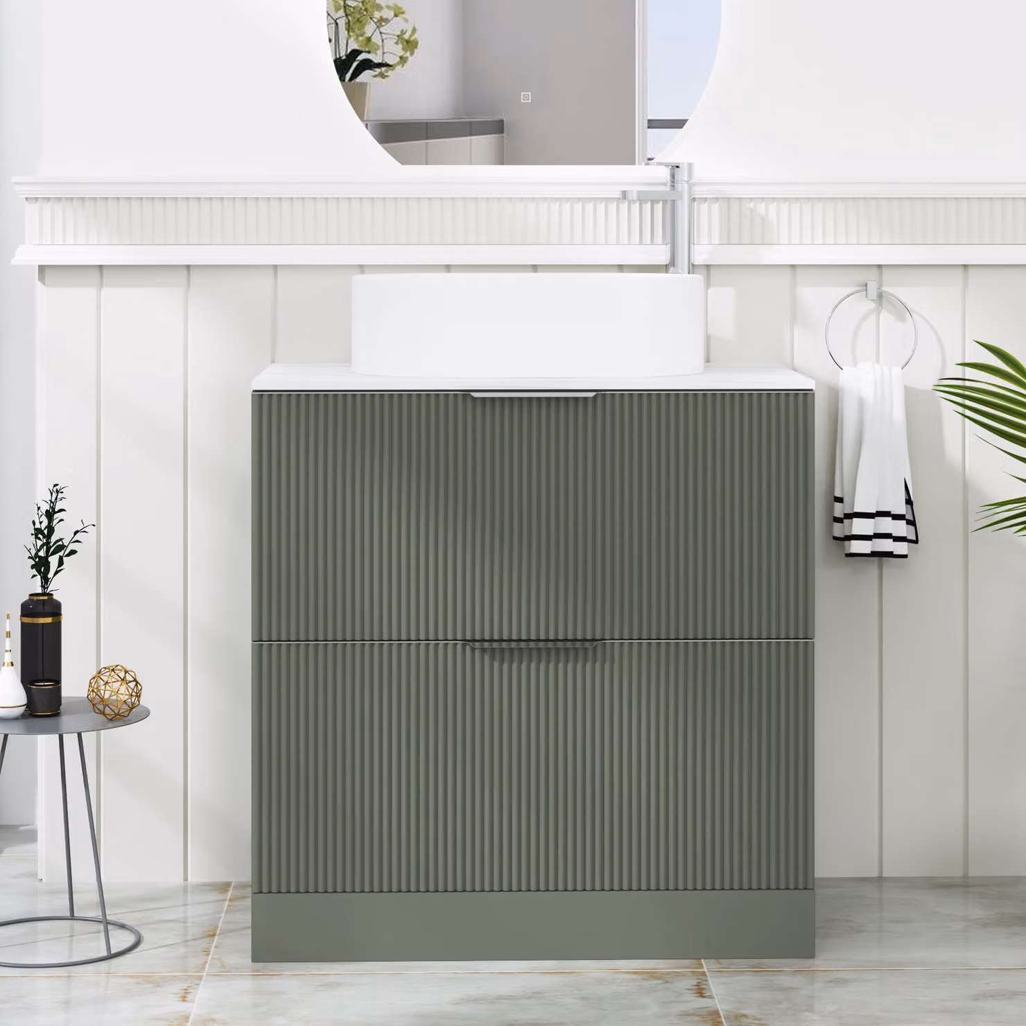 Royal Bathrooms Evora 800mm Sage Green Fluted Floor Standing Countertop Vanity Unit with 2 Drawers and Peak Basin