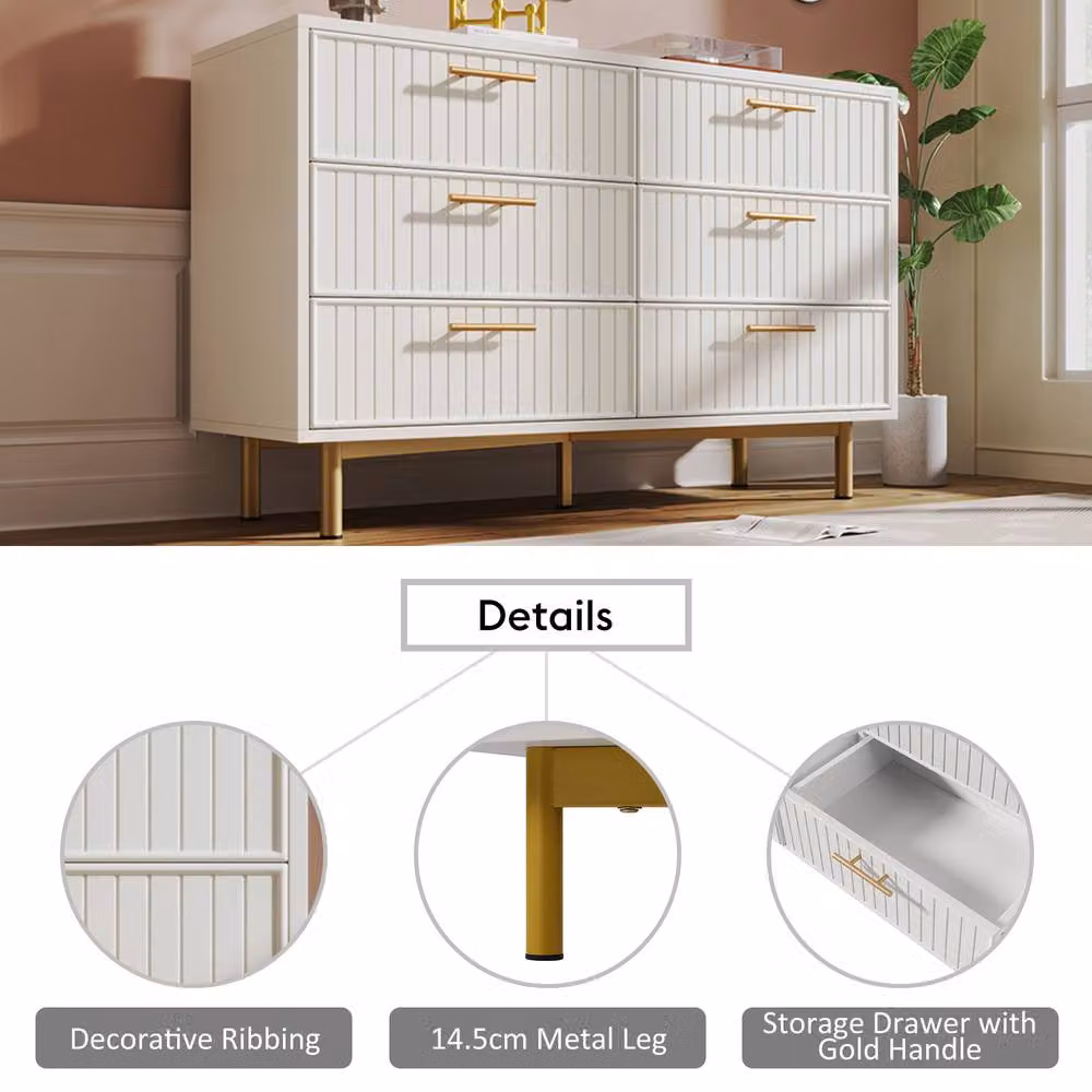 STILVORA Modern Sideboard Cabinet with 6 Drawers and Gold Metal Base in White – 4