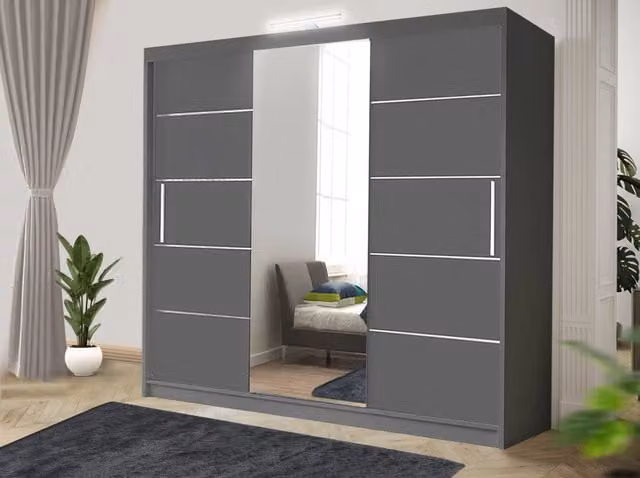 RAC3 Modern Sliding Door Wardrobe with LED Lighting, Mirror and Integrated Drawers in White and Grey, Width: 250 cm