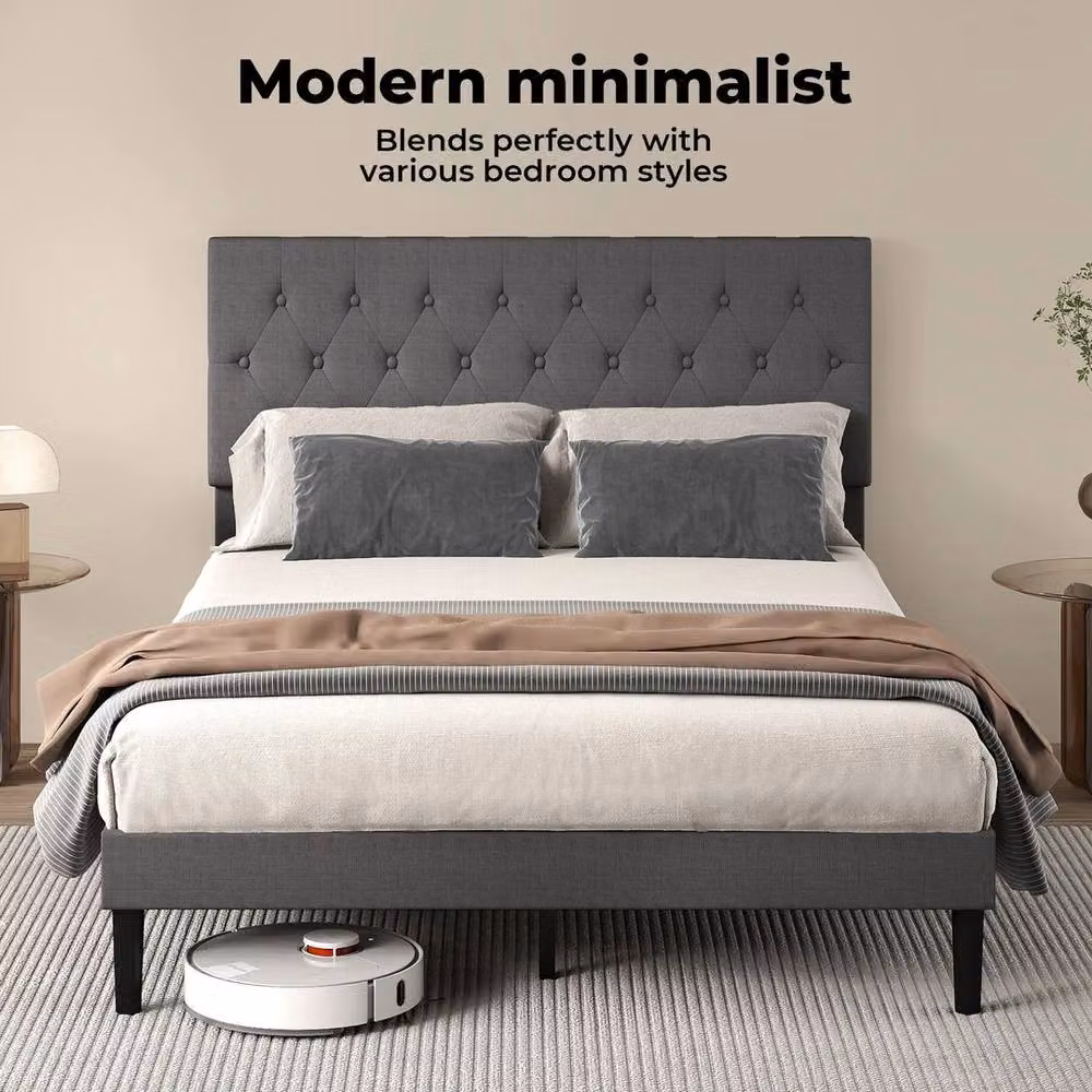 VOGREX Grey Linen Upholstered King Bed Frame with Foam Headboard, W/D/H: 180 x 200 x 106 cm – 3