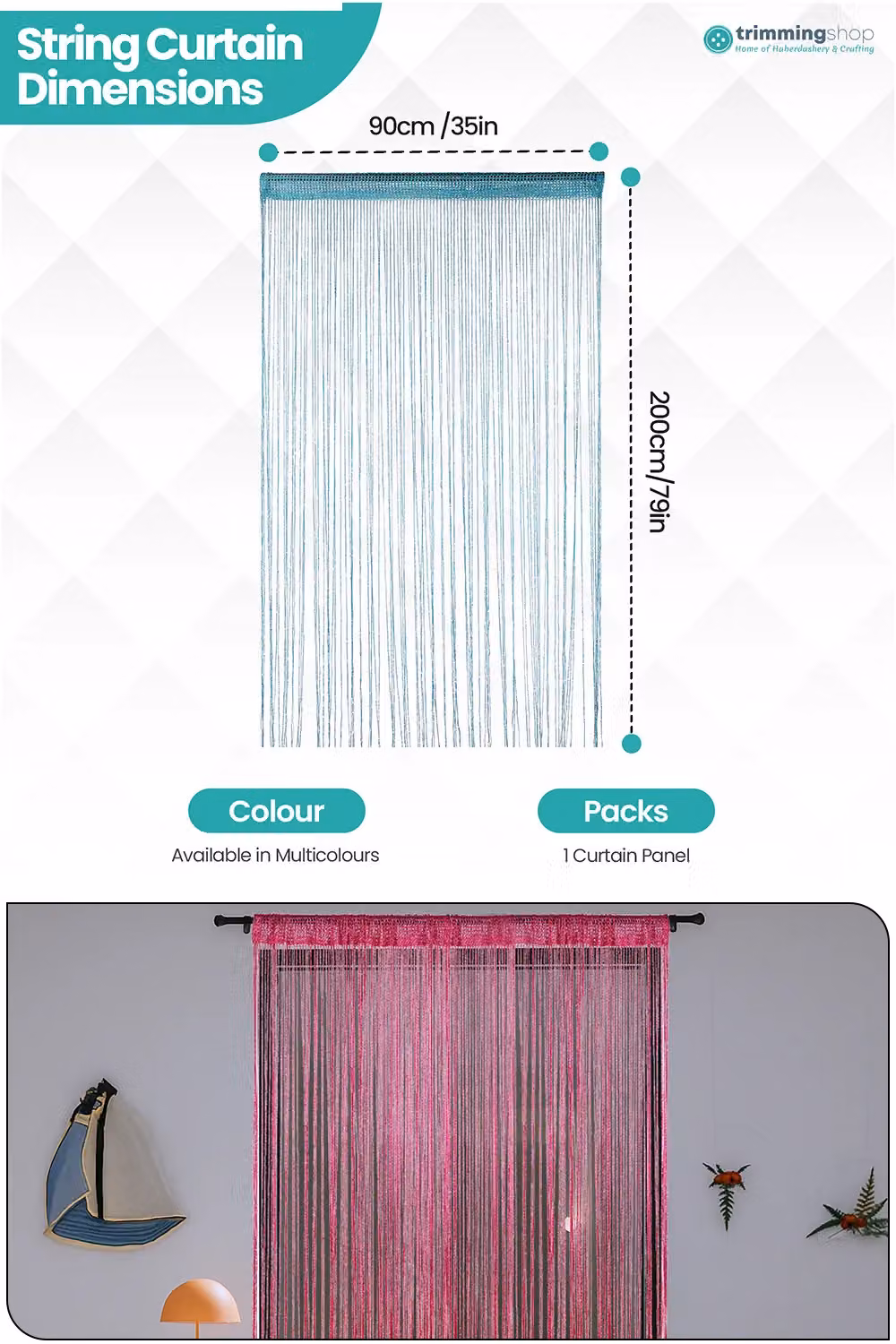 Neel Blue Turquoise Glitter Polyester String Curtain with Spaghetti Tassel Fringe, W: 90 cm, H: 200 cm – 2