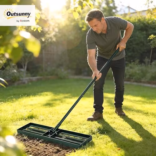 Outsunny Heavy Duty Metal Lawn Levelling Rake in Green, W: 76 cm, D: 26 cm – 2