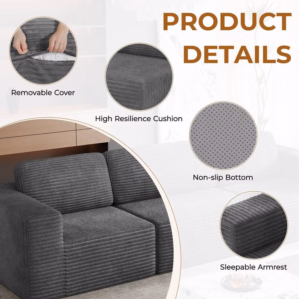 Dprodo Corduroy Modular Sofa, Right Seat Only, Grey, W/D/H: 101 x 101 x 82 cm – 4