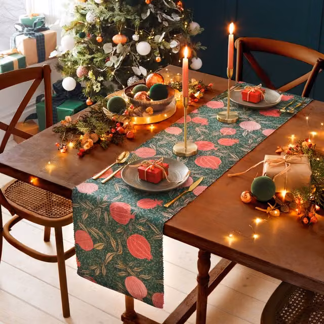 Make it a Home Pomegranate Floral Table Runner in Green and Gold, Length: 230 cm