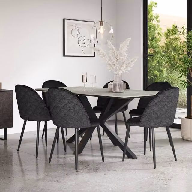 More4Homes Juno Light Grey Ceramic Rectangular Dining Table and 6 Black Raye Velvet Chairs – 1