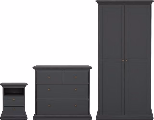 Furniture To Go Paris Bedroom Furniture Set in Matt Grey, including 2-Drawer Bedside Table, 4-Drawer Chest, and 2-Door Wardrobe