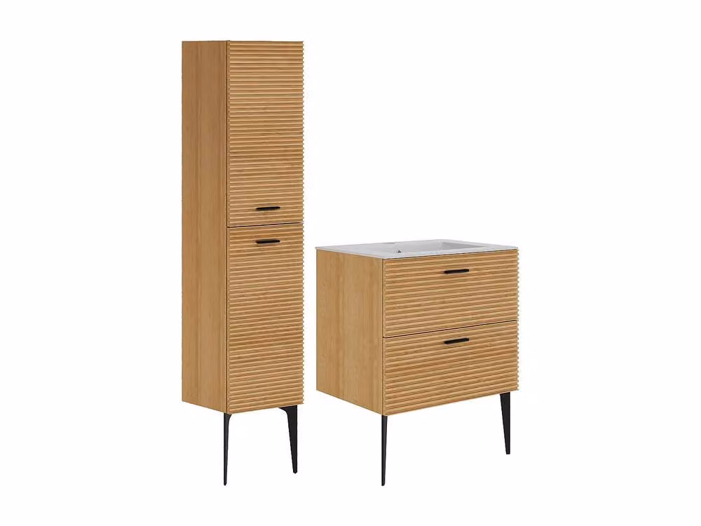Vente-unique Fluted Freestanding Bathroom Unit with Inset Basin and Tall Cabinet in Light Oak – 2